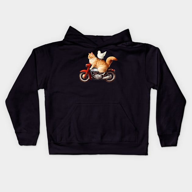 cat and chicken riding motorcycle Kids Hoodie by TrvlAstral